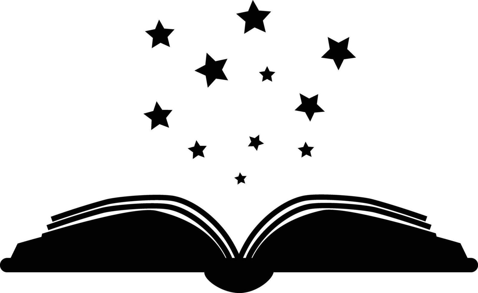 Magic reading icon. Open book with thick book cover and black soft stars flying out sign. Open book symbol. flat style. vector