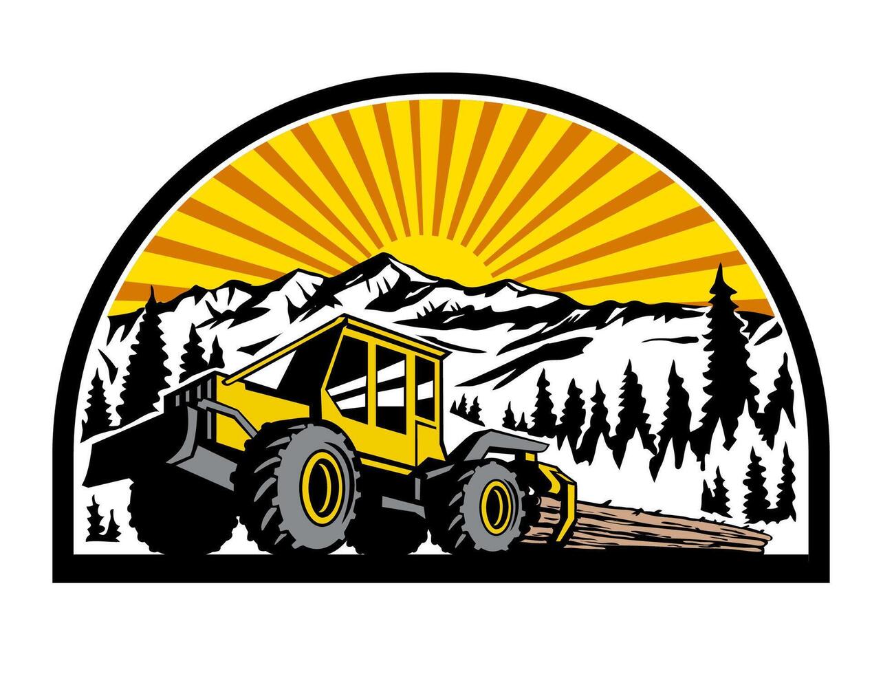 Cable Skidder Pulling Tree with Mountains in Half Circle Retro Style vector