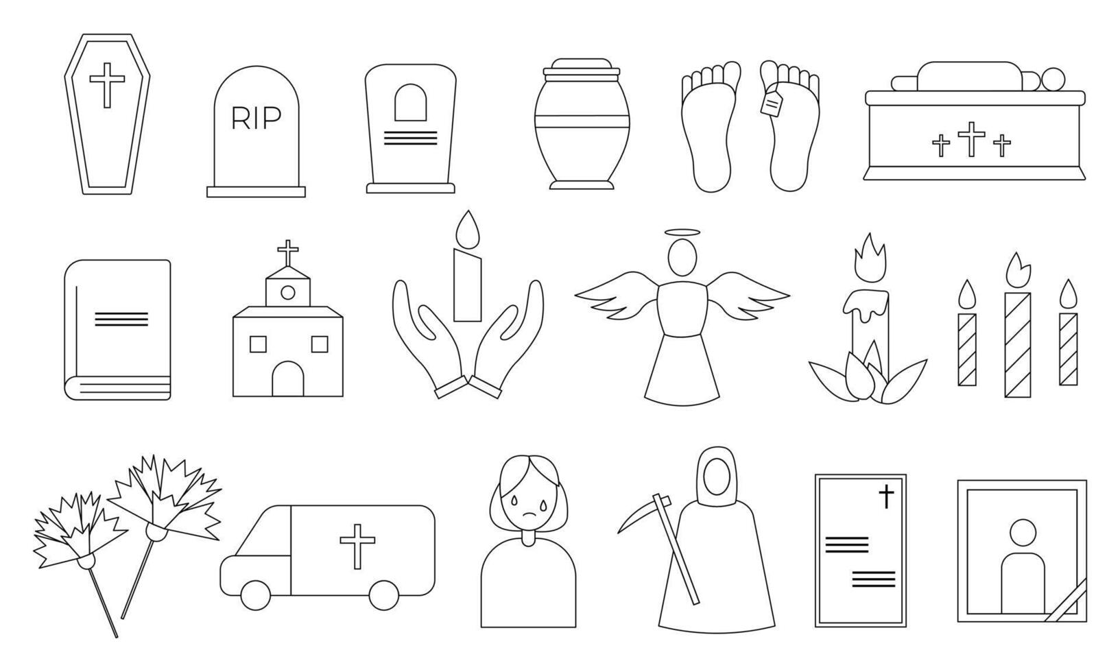Set of funeral icons. Simple line art style icons pack. Vector illustration