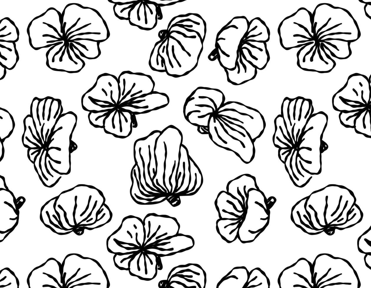 Seamless pattern with black brush flowers on a white background. Ink drawing of wild plants, herbs or flowers. Abstract organic background. vector