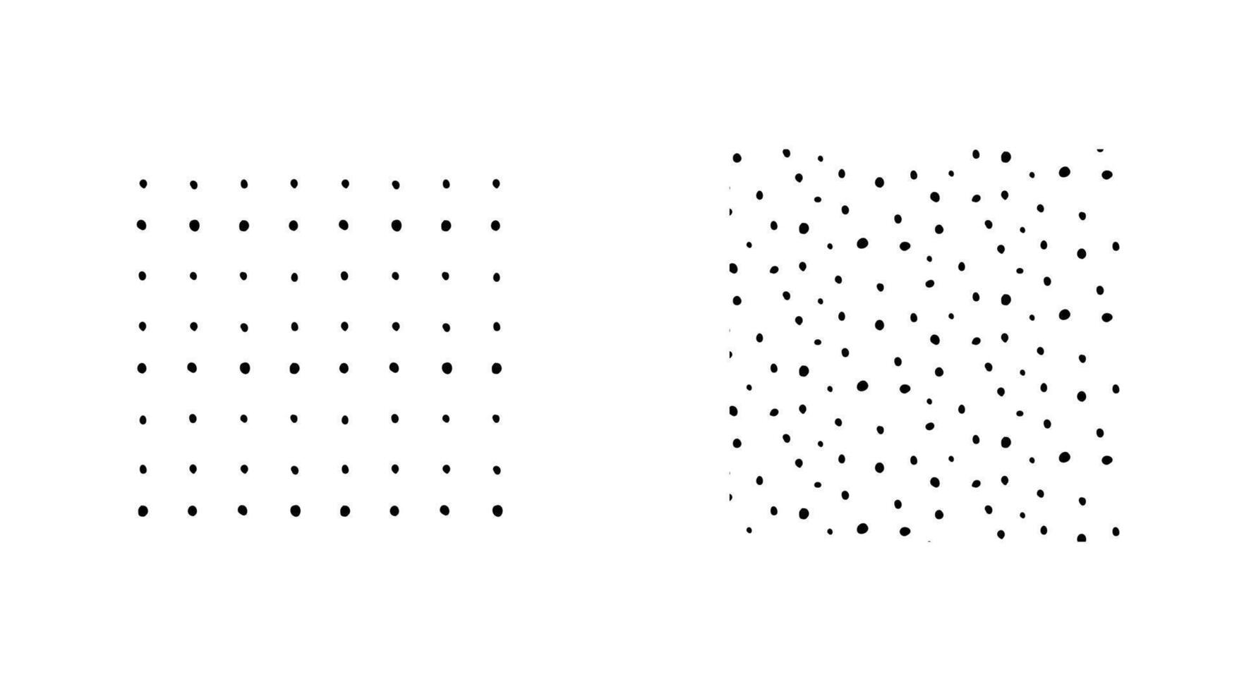 Set of vector illustration seamless black dot pattern with different grunge effect rounded spots isolated on white background. Abstract design for print