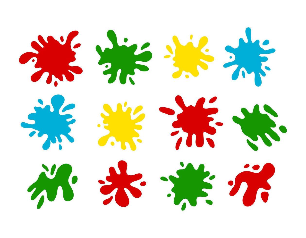 Set of paint splash colorful shapes. Round ink flat splashes, decorative shapes of liquids. Grunge splashes, drops, splashes cartoon style. Holi set. Isolated vector illustration