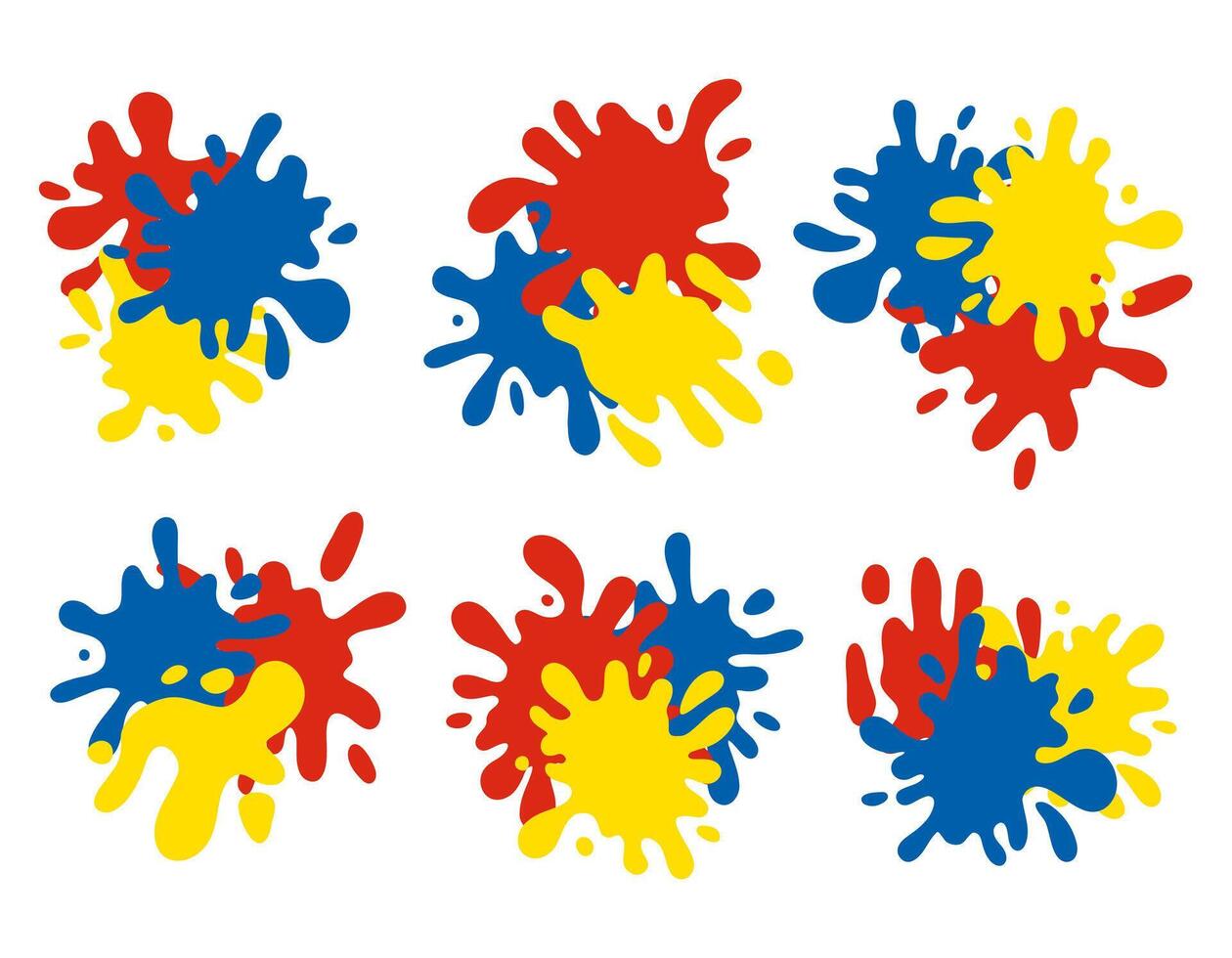 Set of paint splash colorful shapes. Round ink flat splashes, decorative shapes of liquids. Holi spring festival set. Isolated vector illustration