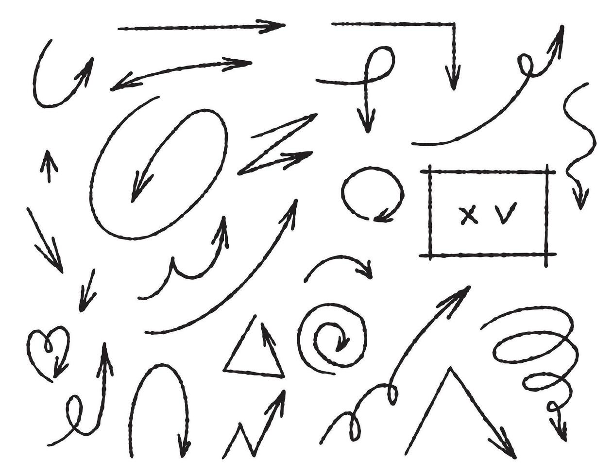 un grande conjunto de tiza flechas y marcos varios curvo flechas, chinos, cruces, círculos y garrapatas son hecho por mano. negro carbón dibujado símbolos para dibujado diagramas vector garabatear marcador dibujo.