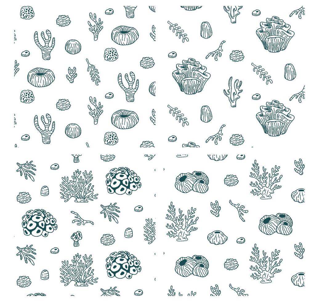 sin costura modelo con bosquejo de sello Oceano vida organismos conchas, pez, corales y tortuga. garabatear ilustración para textil y papel vector
