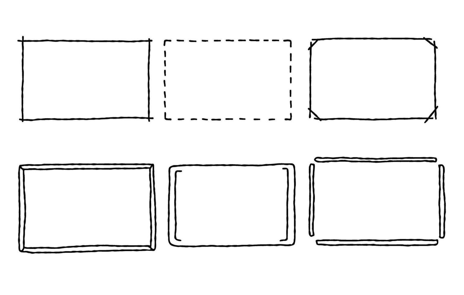 Hand drawn rectangle frames set. Doodle rectangular shape. Scribble pencil square text box.  Line border. Vector illustration isolated on white background.