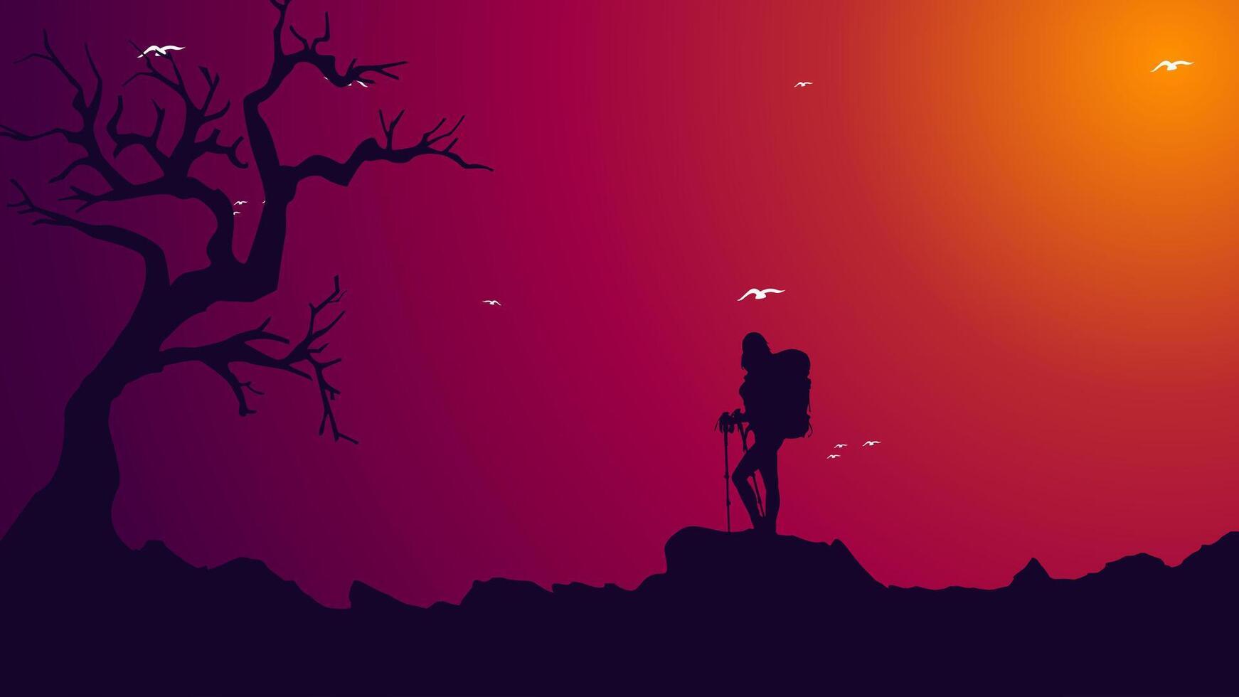 mountain climber silhouette background. Traveler climb with backpacks and travel walking sticks. silhouette of a person in the mountains. A Man hiking in the mountains. vector