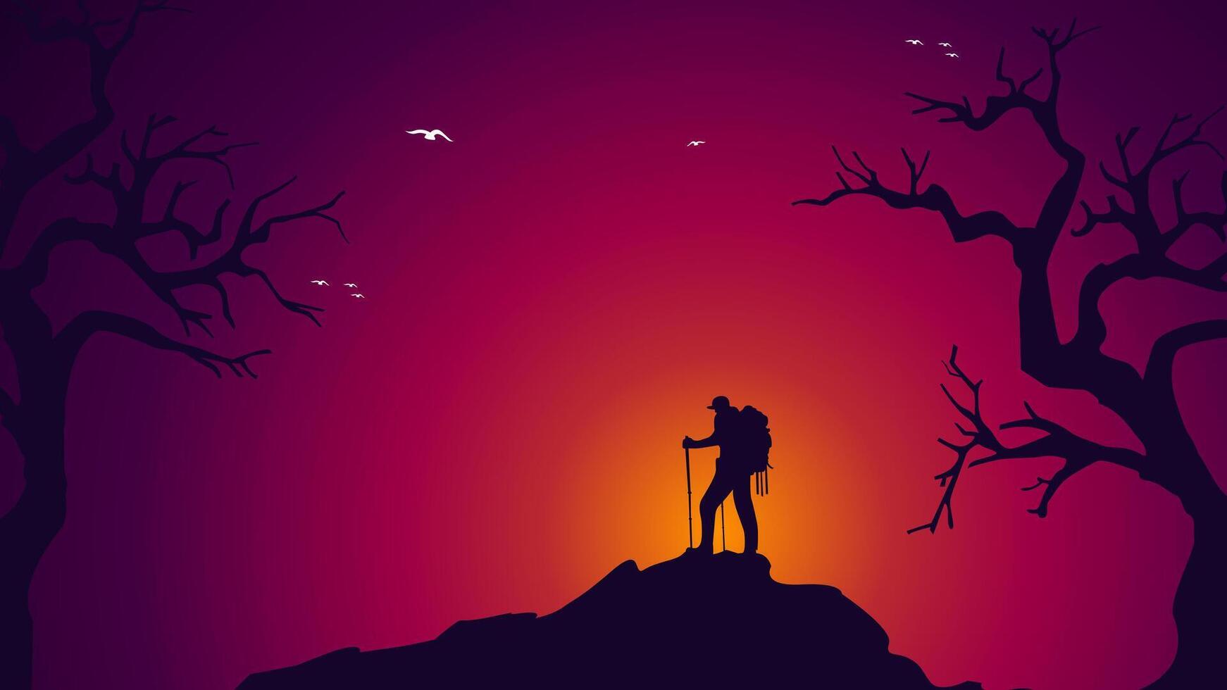 mountain climber silhouette background. Traveler climb with backpacks and travel walking sticks. silhouette of a person in the mountains. A Man hiking in the mountains. vector
