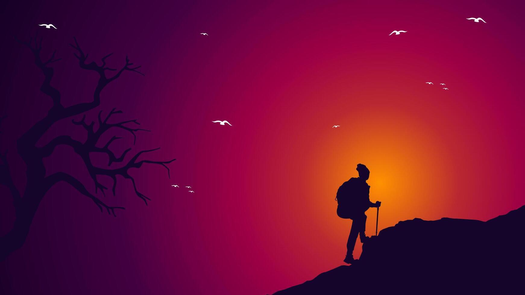 mountain climber silhouette background. Traveler climb with backpacks and travel walking sticks. silhouette of a person in the mountains. A Man hiking in the mountains. vector