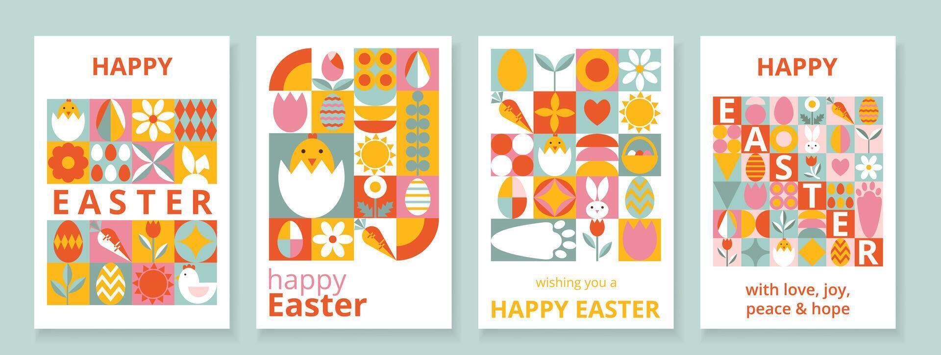 Set 4 greeting cards for Happy Easter with text. Trendy design with geometric shapes. Icons with eggs, bunny, flowers, chicken. Bauhaus style. Colorful templates for card, poster, advertising, banner vector