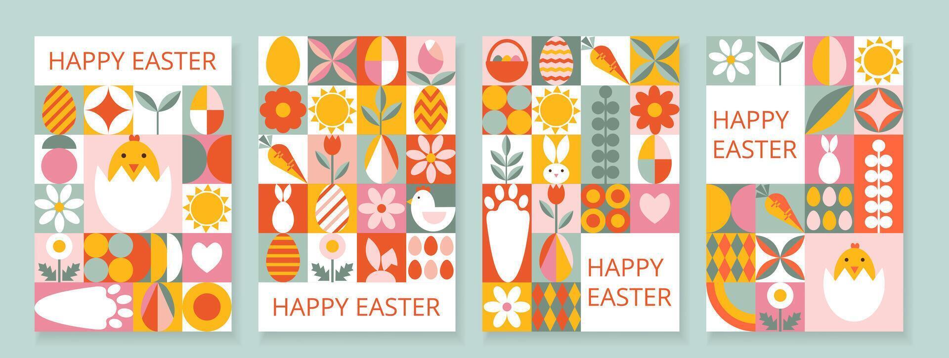 Collection 4 multicolored festive Happy Easter templates for card, poster, flyer, banner, cover. Trendy design with geometric shapes and typography. Bauhaus style. vector
