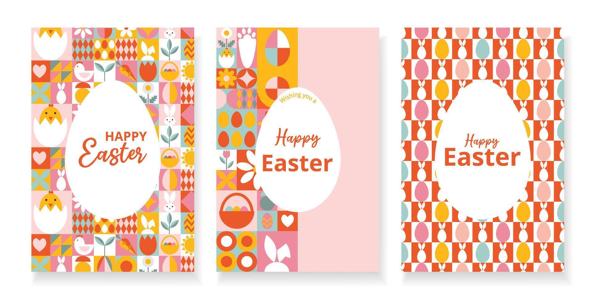 conjunto 3 moderno saludo tarjetas para contento Pascua de Resurrección con texto. diseño con brillante geométrico patrones. cuadrícula con huevos, conejito, flores Bauhaus estilo. modelo para tarjeta, póster, volantes, bandera, cubrir vector