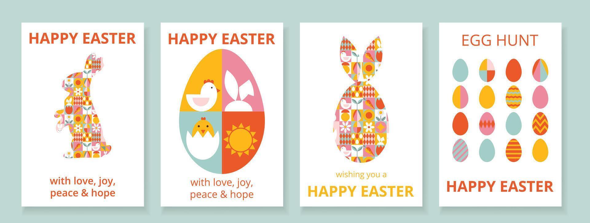 4 geometric greeting cards set for Happy Easter with typography. Trendy design from simple forms. Colorful eggs, bunny, sun, nestling, chicken. Bauhaus style. Templates for poster, promotion, banner vector