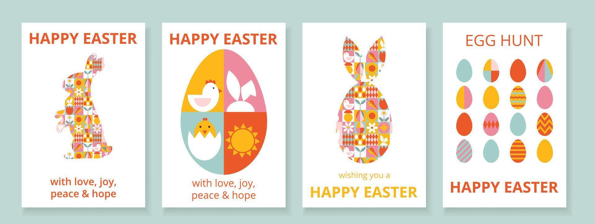 4 geometric greeting cards set for Happy Easter with typography. Trendy design from simple forms. Colorful eggs, bunny, sun, nestling, chicken. Bauhaus style. Templates for poster, promotion, banner vector
