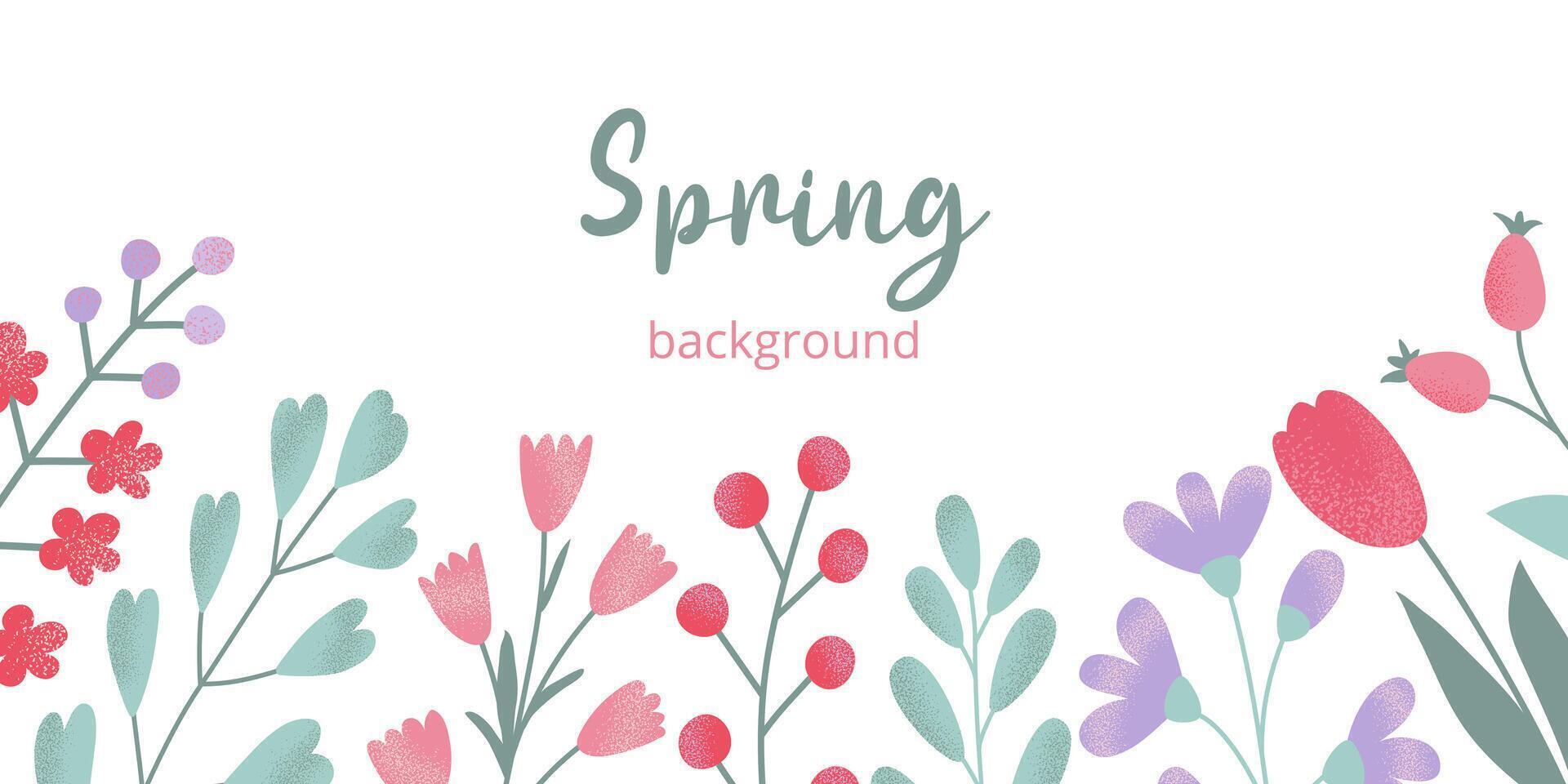 Spring or summer rectangular botanical template in flat vector style. Hand drawn colorful different grainy textured flowers and green leaves.