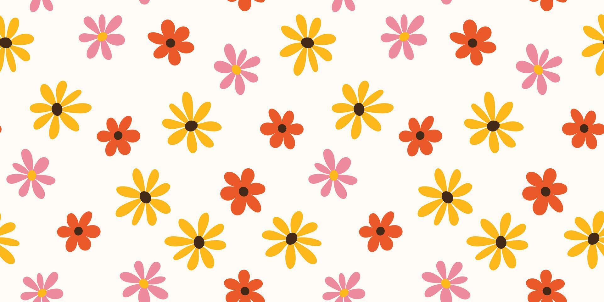 Seamless pattern with hand drawn yellow, pink, orange simple flowers on white background. For textile, wallpaper, wrapper. vector