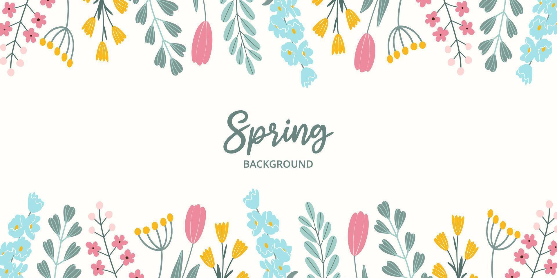 Spring horizontal festive banner on white background with place for typography in flat vector style. Hand drawn blooming colorful flowers, green leaves. Seasonal botanical template.