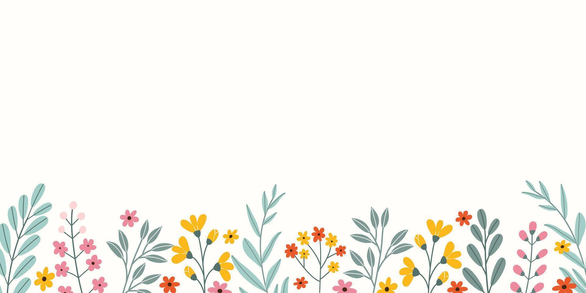 Spring rectangular celebration background with empty place for text in flat style. Hand drawn different colorful flowers and branches. Holiday seasonal floral template. vector