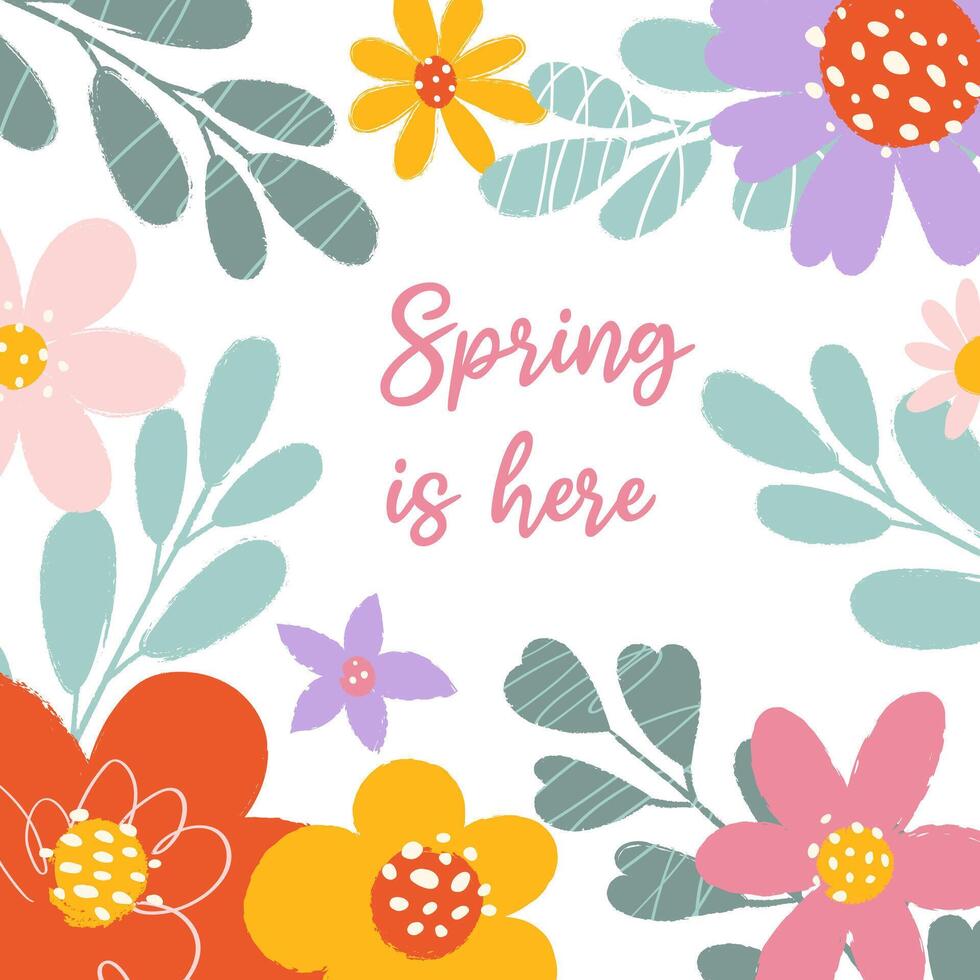 Square multicolored spring card with text Spring is here in flat style. Abstract hand drawn flowers and leaves with scribbles, rough edges and handwritten typography for poster, banner, social media. vector