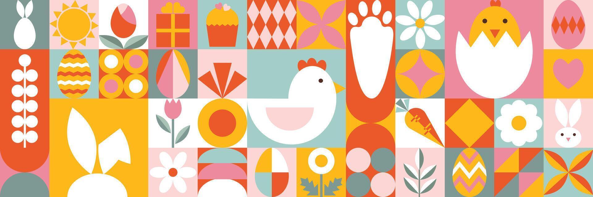 Abstract geometric Happy Easter horizontal banner. Icon with holiday symbols. Stylized bunny, eggs, carrot, flowers, chicken. Design for background, wallpaper, advertising, cover. Bauhaus style. vector