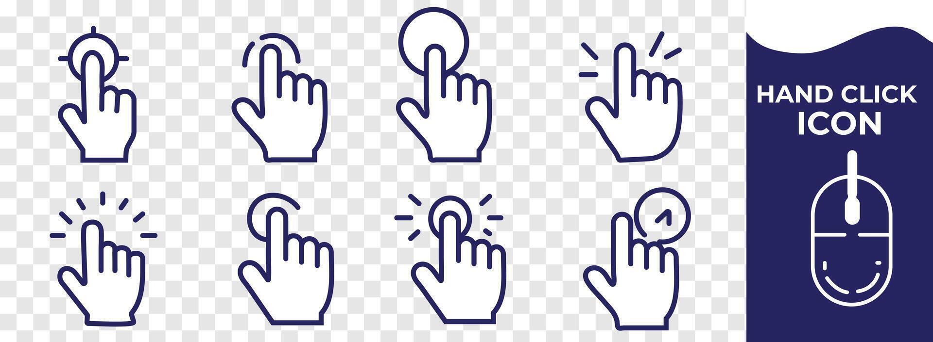 Hand click icon set in line style. Click here, Hand clicking, finger, Touch screen, pointer, cursor, gesture, mouse press push simple black style symbol sign for apps and website, vector illustration.