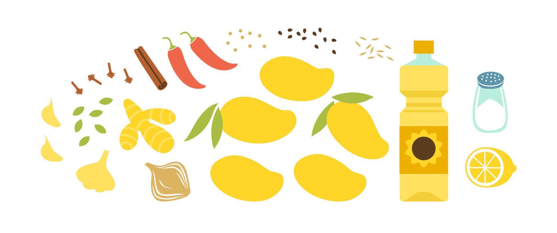 Fresh ingredients for mango spicy chutney. Mango sauce making. Horizontal flat vector illustration isolated on white.