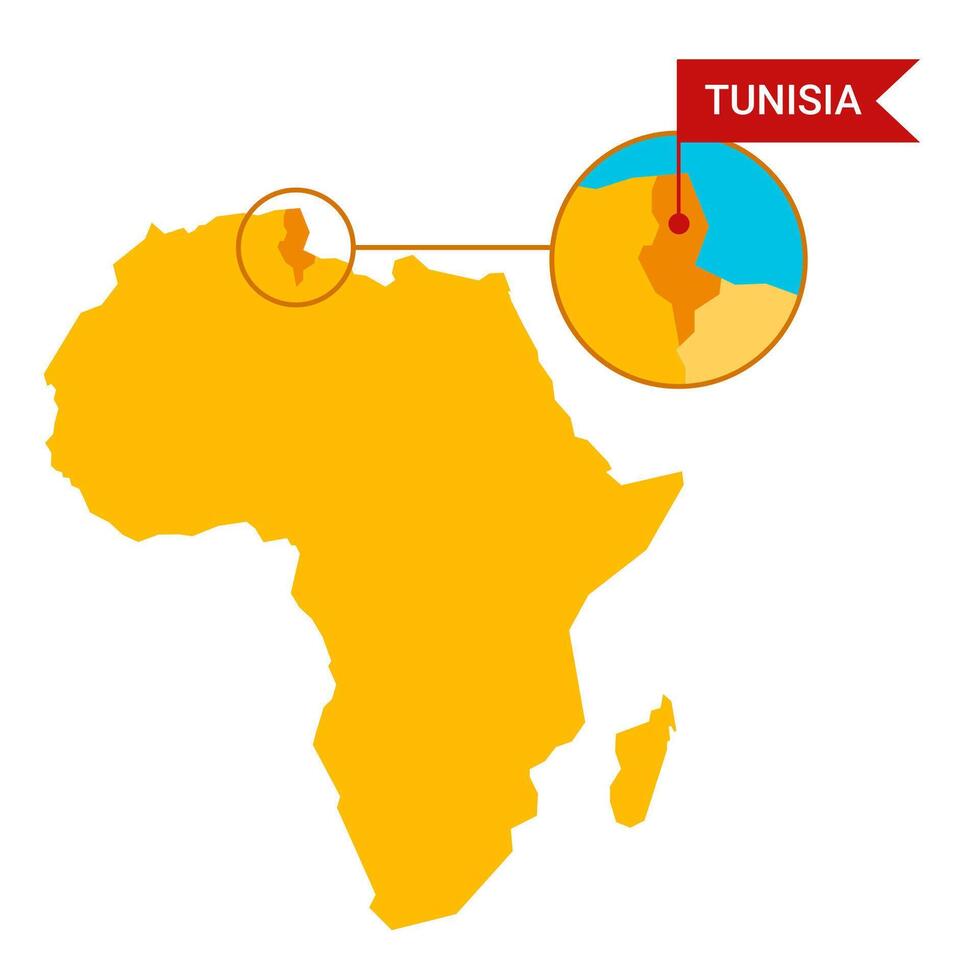 Tunisia on an Africa map with word Tunisia on a flag-shaped marker. vector