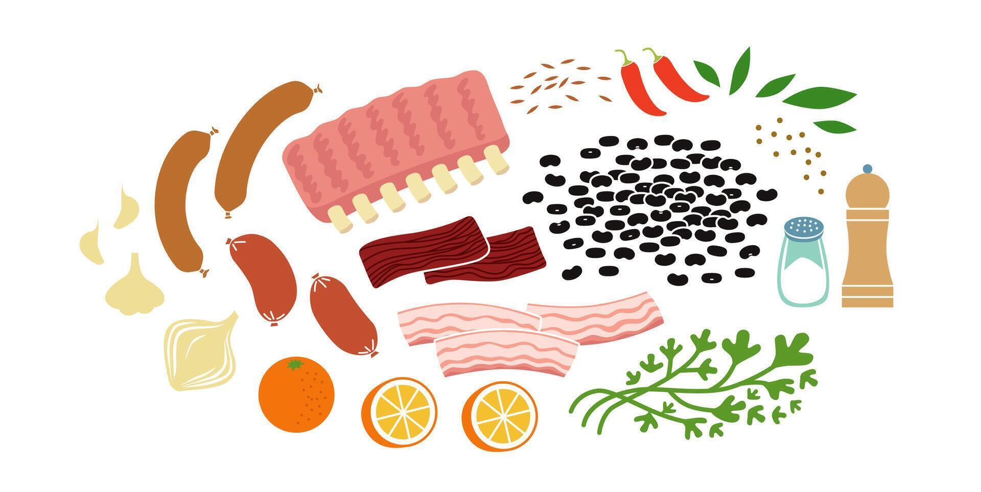 Feijoada or black beans stew fresh raw ingredients set. Flat vector illustration isolated on white background.