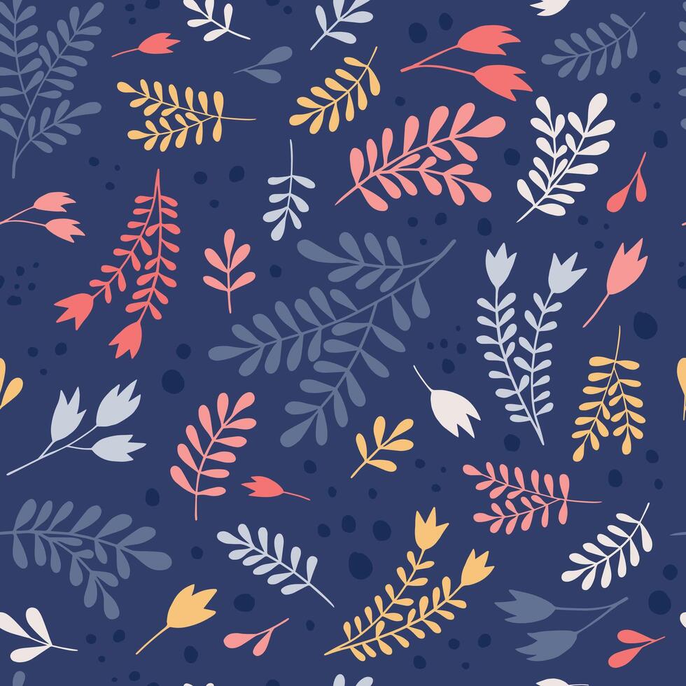 Ornamental plants on a navy blue background. Vector seamless pattern, can be used for fabrics, wallpaper, web, scrabboking, card.