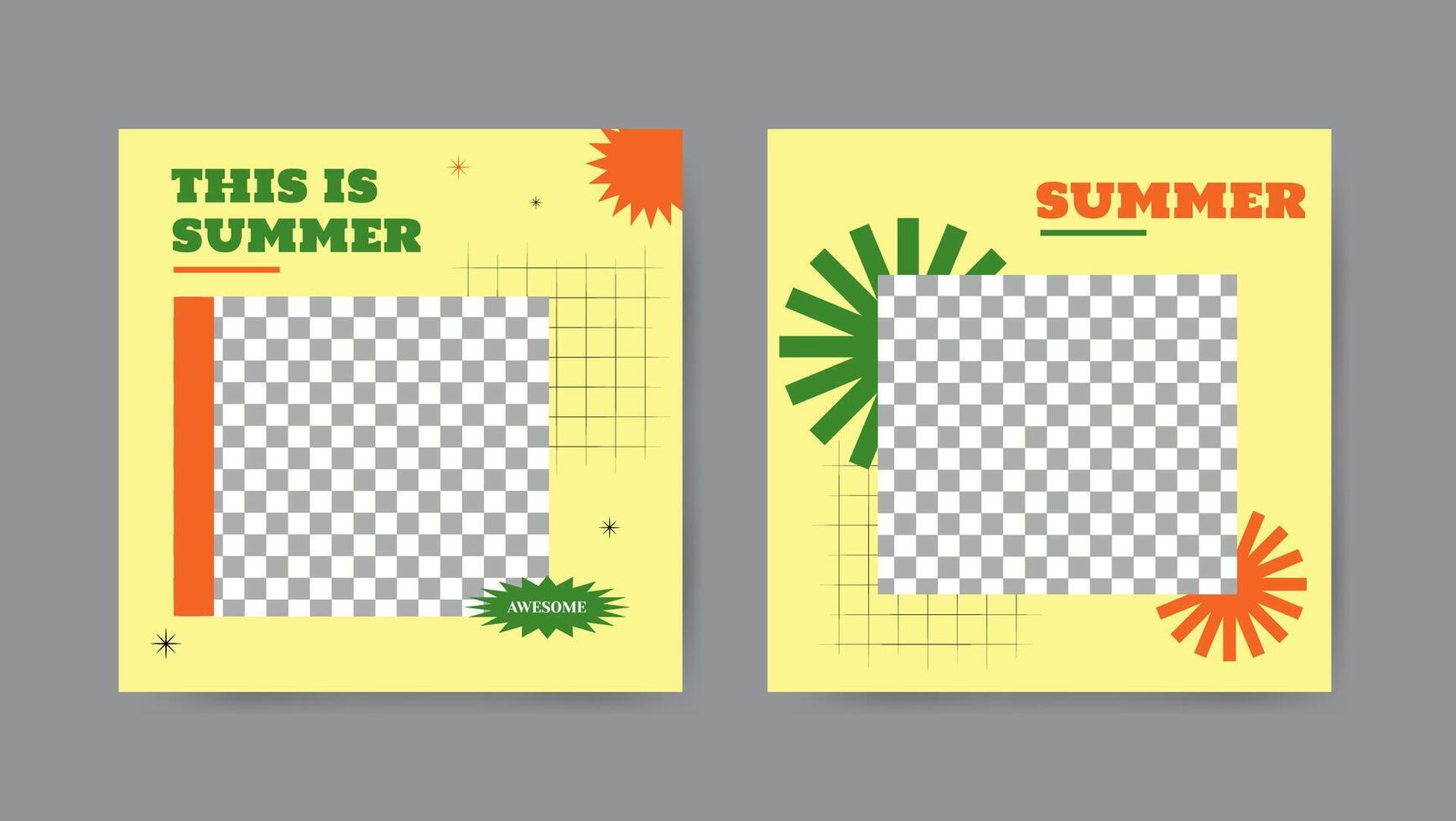 Collection of summer social media post templates in cartoon style. Square banner design background. vector