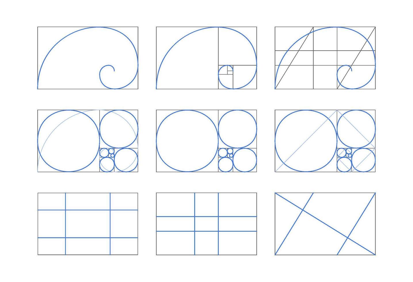 Golden ratio set. Proportions template composition balance in geometry and spiral lines. Fibonacci sequence. vector