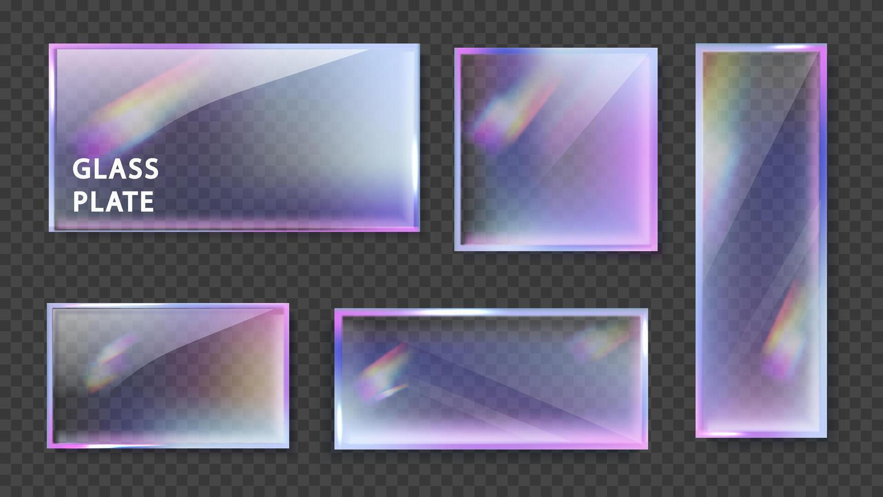 Crystal glass banner refraction and holographic effect isolated on black background. Transparent glass plate with overlay dispersion light, rainbow gradient. vector