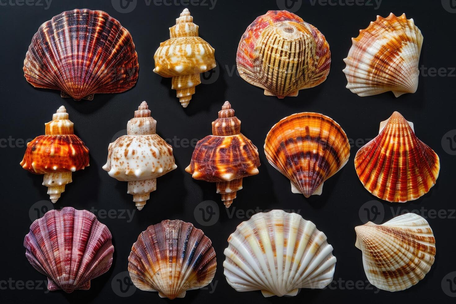 AI generated Collection of various colorful seashells on black background. photo
