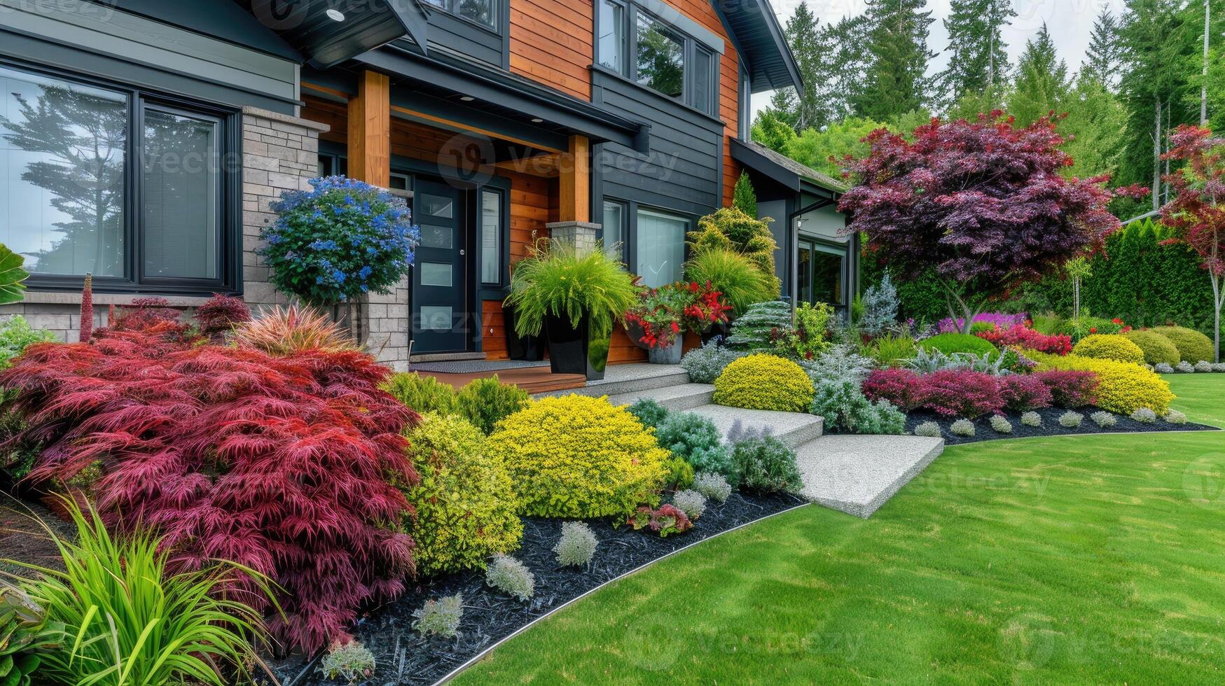 ai generado frente patio trasero, paisaje diseño con multicolor arbustos intersectando con brillante verde céspedes detrás el casa es un moderno foto