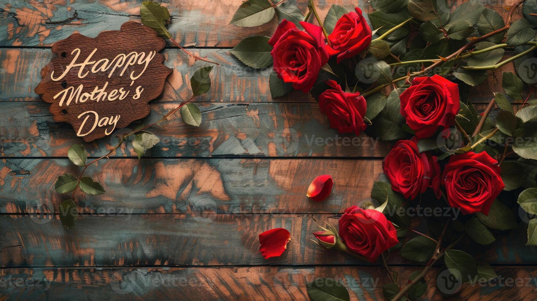 AI generated Happy Mother's day with red roses over rustic wood background photo