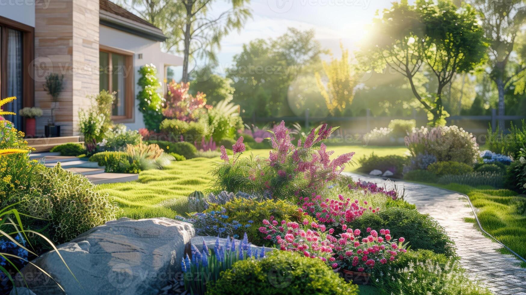 ai generado frente patio trasero, paisaje diseño con multicolor arbustos intersectando con brillante verde céspedes detrás el casa es un moderno foto