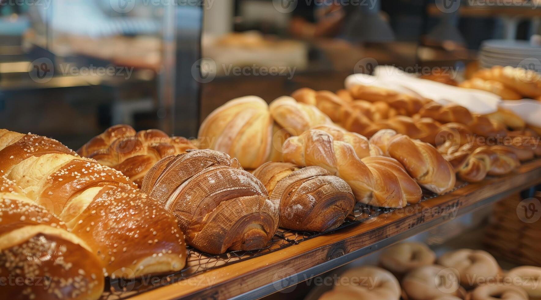 AI generated Assorted bakery products including loaves of bread and rolls. photo