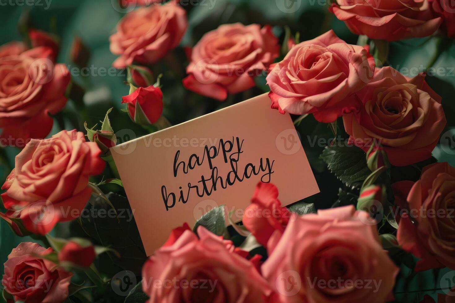 AI generated Happy happy birthday with pink roses over rustic wood background photo