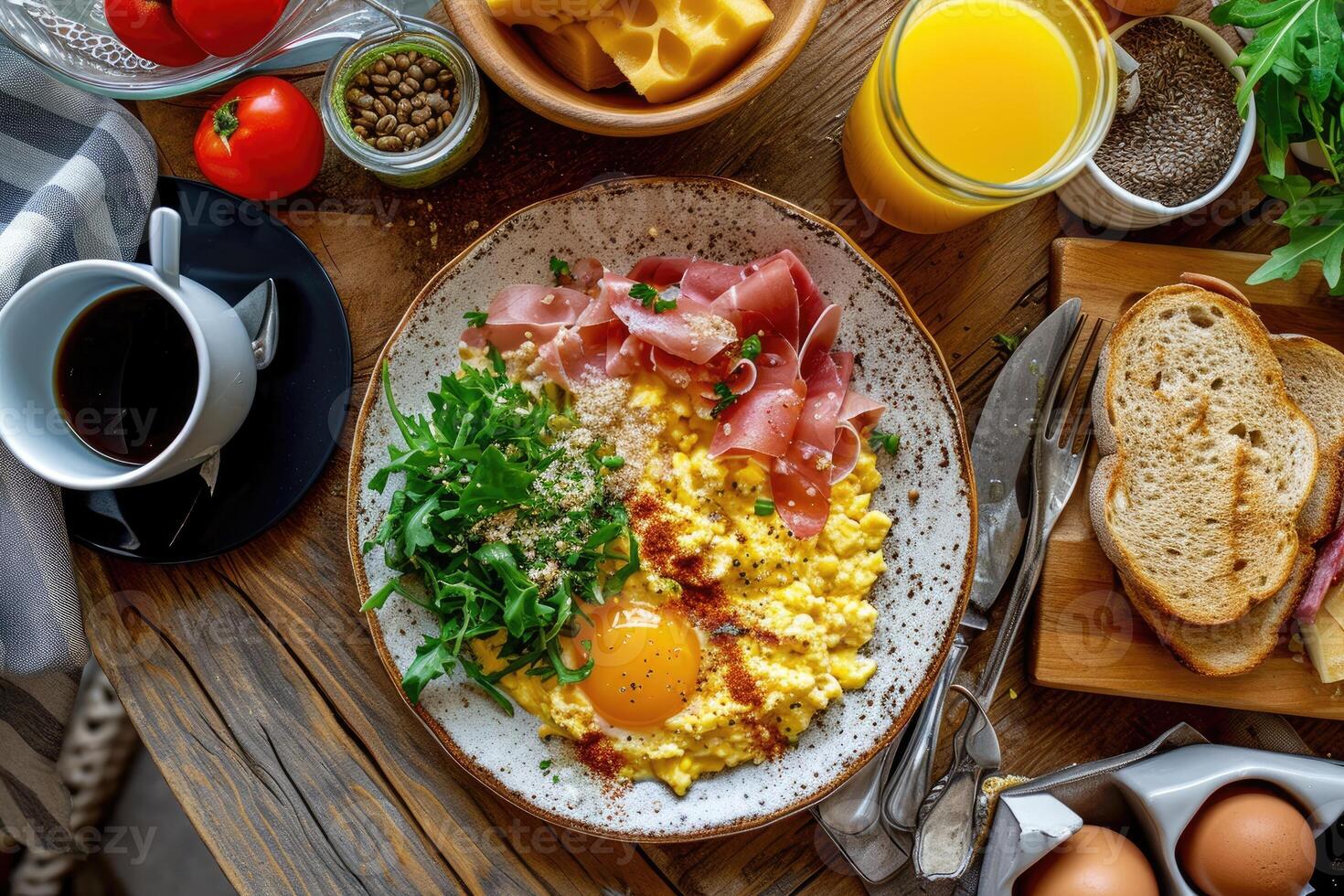 AI generated Breakfast served with coffee, orange juice, scrambled eggs, cereals, ham and cheese. photo