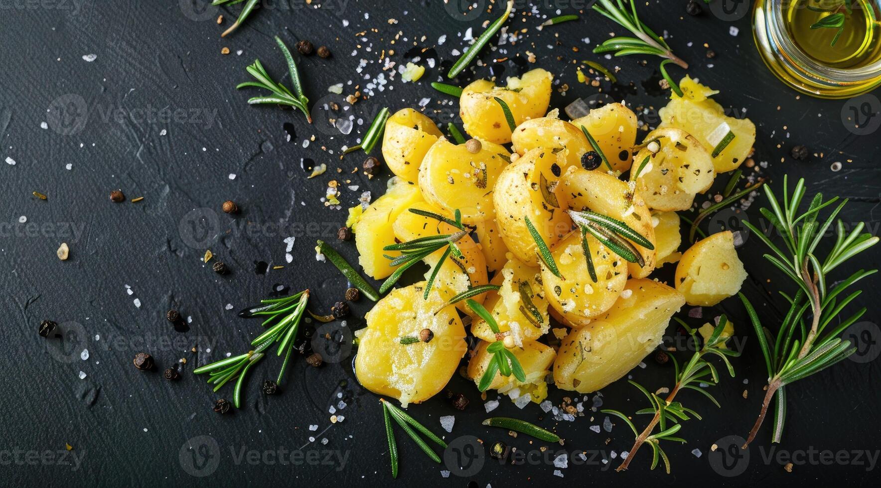 AI generated Crushed, smashed potatoes baked with rosemary and thyme. Black background. Top view. photo