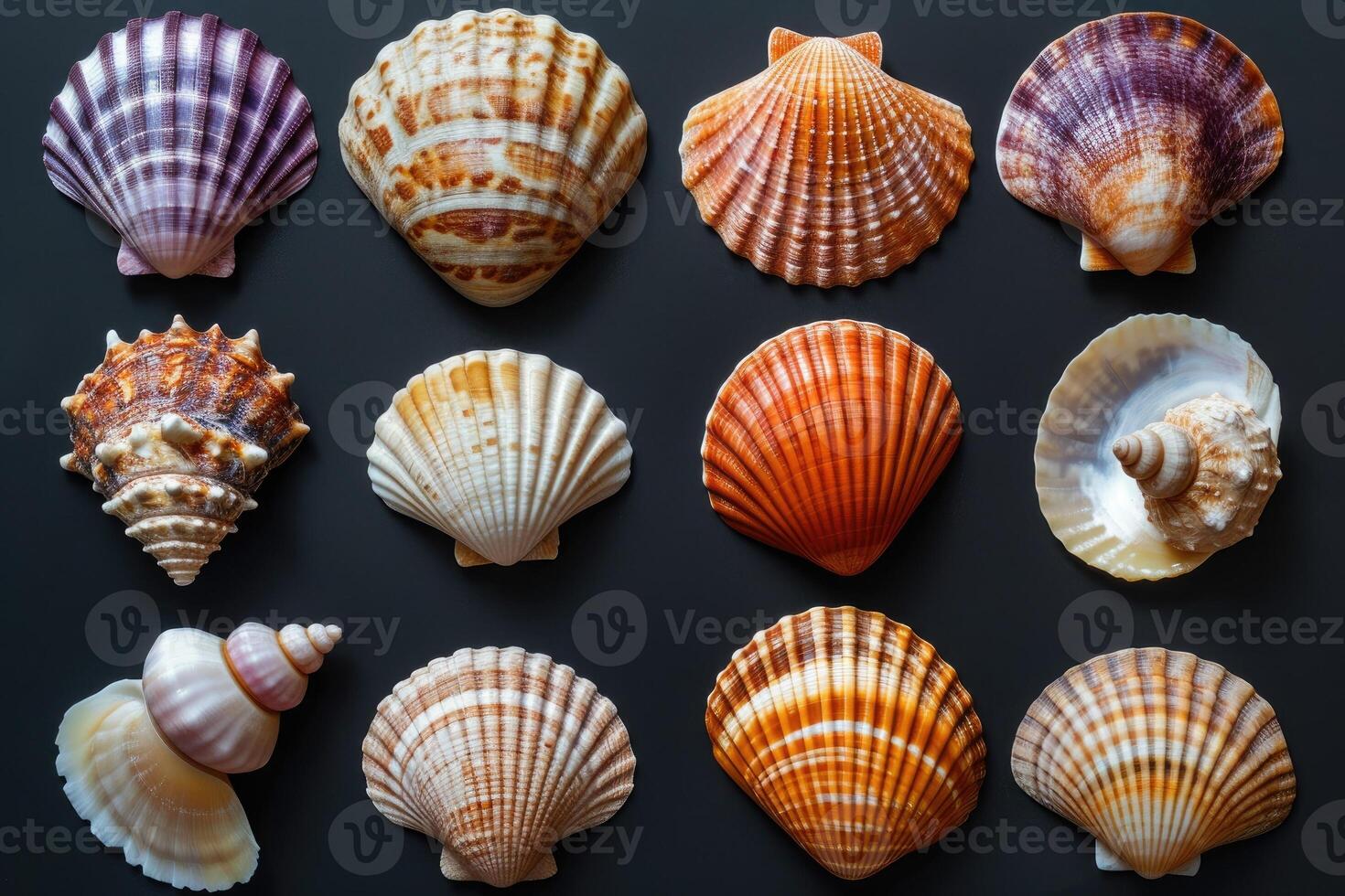 AI generated Collection of various colorful seashells on black background. photo