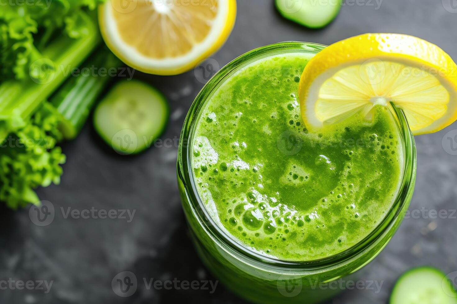 AI generated Green smoothie with celery, cucumber and lemon. photo