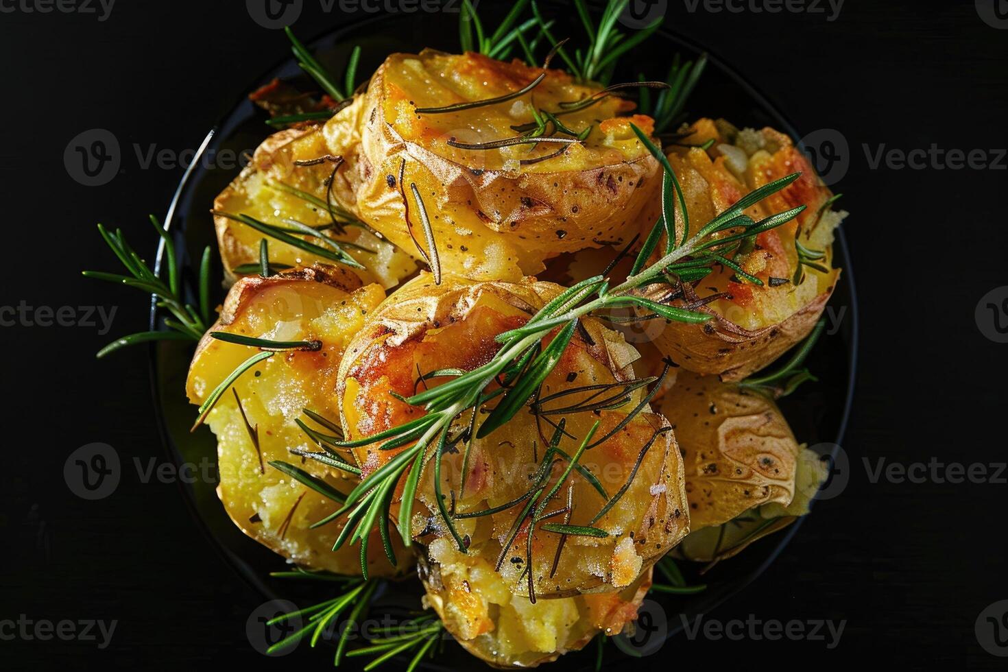 AI generated Crushed, smashed potatoes baked with rosemary and thyme. Black background. Top view. photo