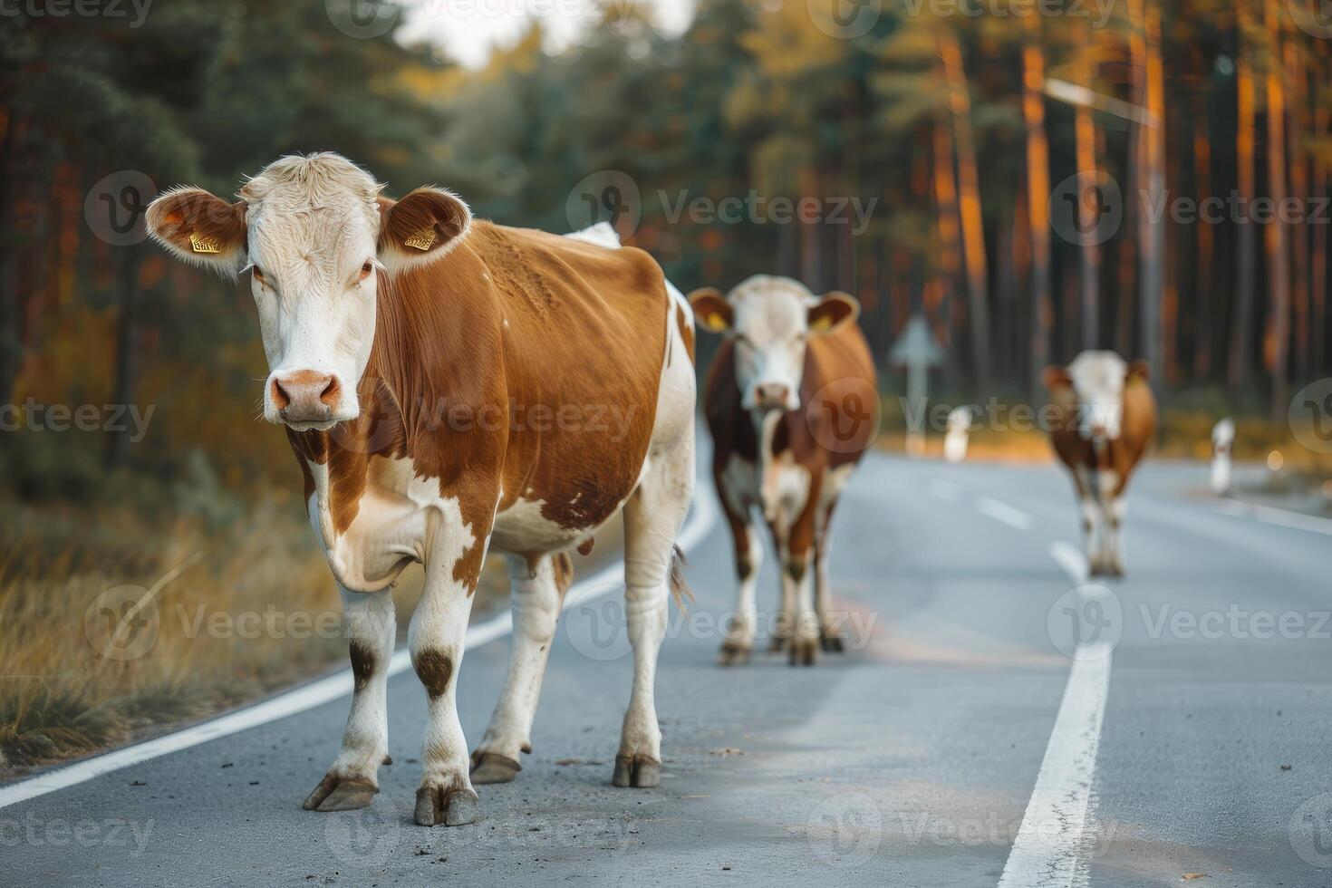 AI generated Cows standing on the road near forest at early morning or evening time. Road hazards, wildlife and transport. photo