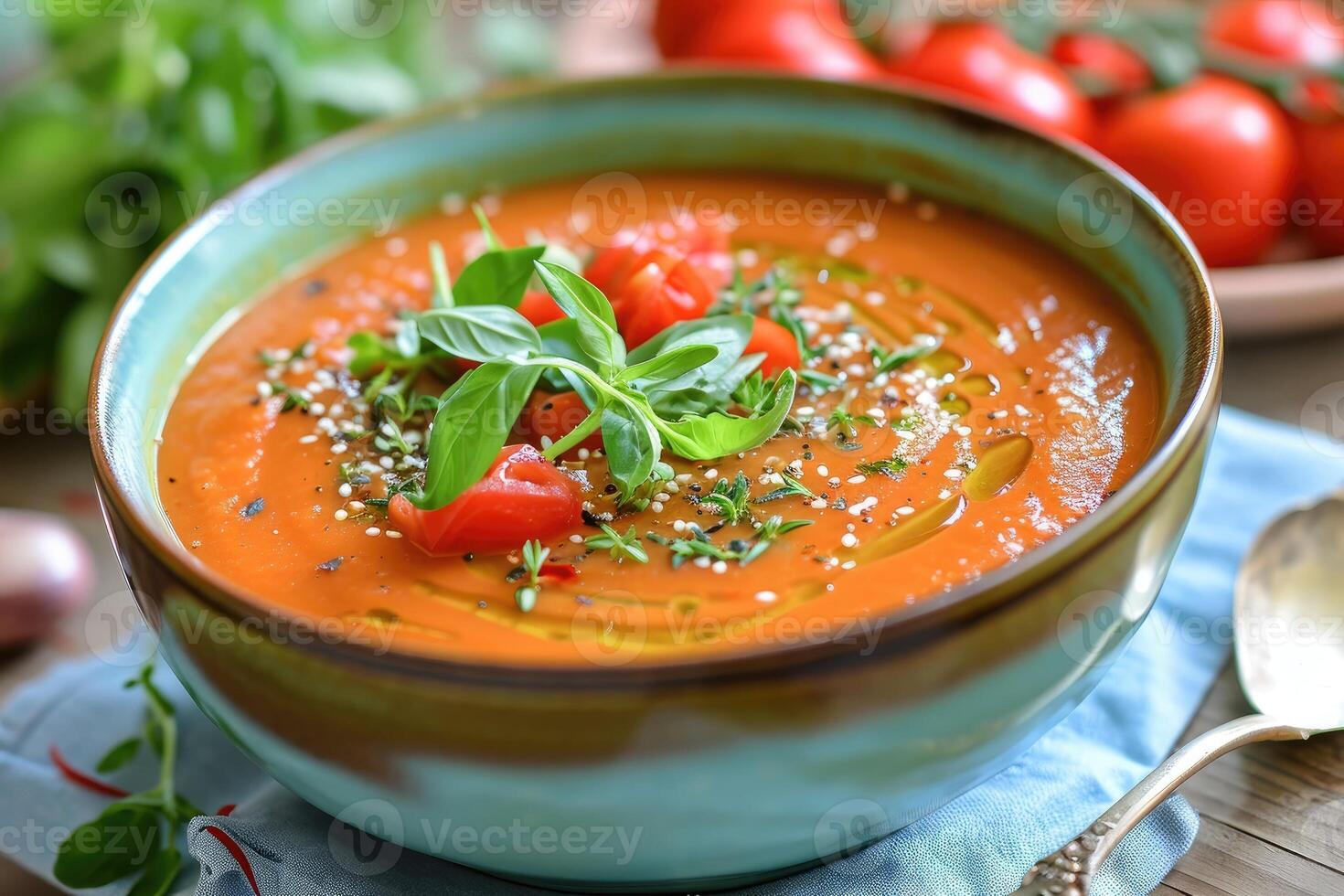 AI generated Tomato soup with ingredients on rustic wooden table photo