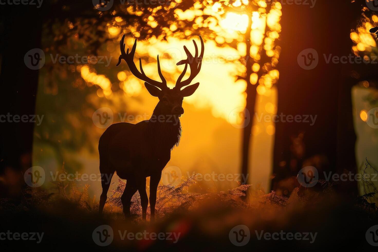 AI generated Silhouette of a red deer stag in the forest at sunset. photo