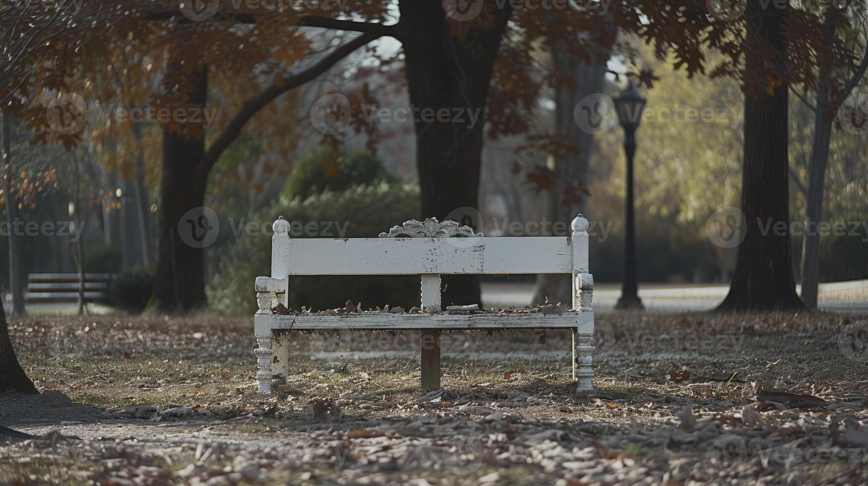AI generated Shot of a white bench in a park. photo