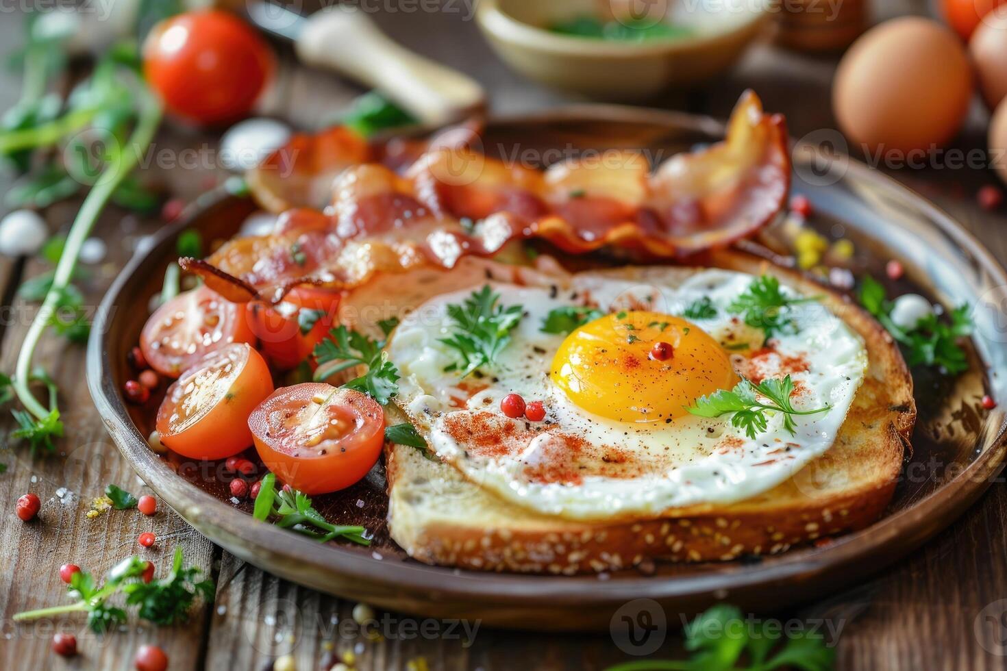 AI generated English breakfast - toast, egg, bacon and vegetables in a rustic style on wooden table. photo
