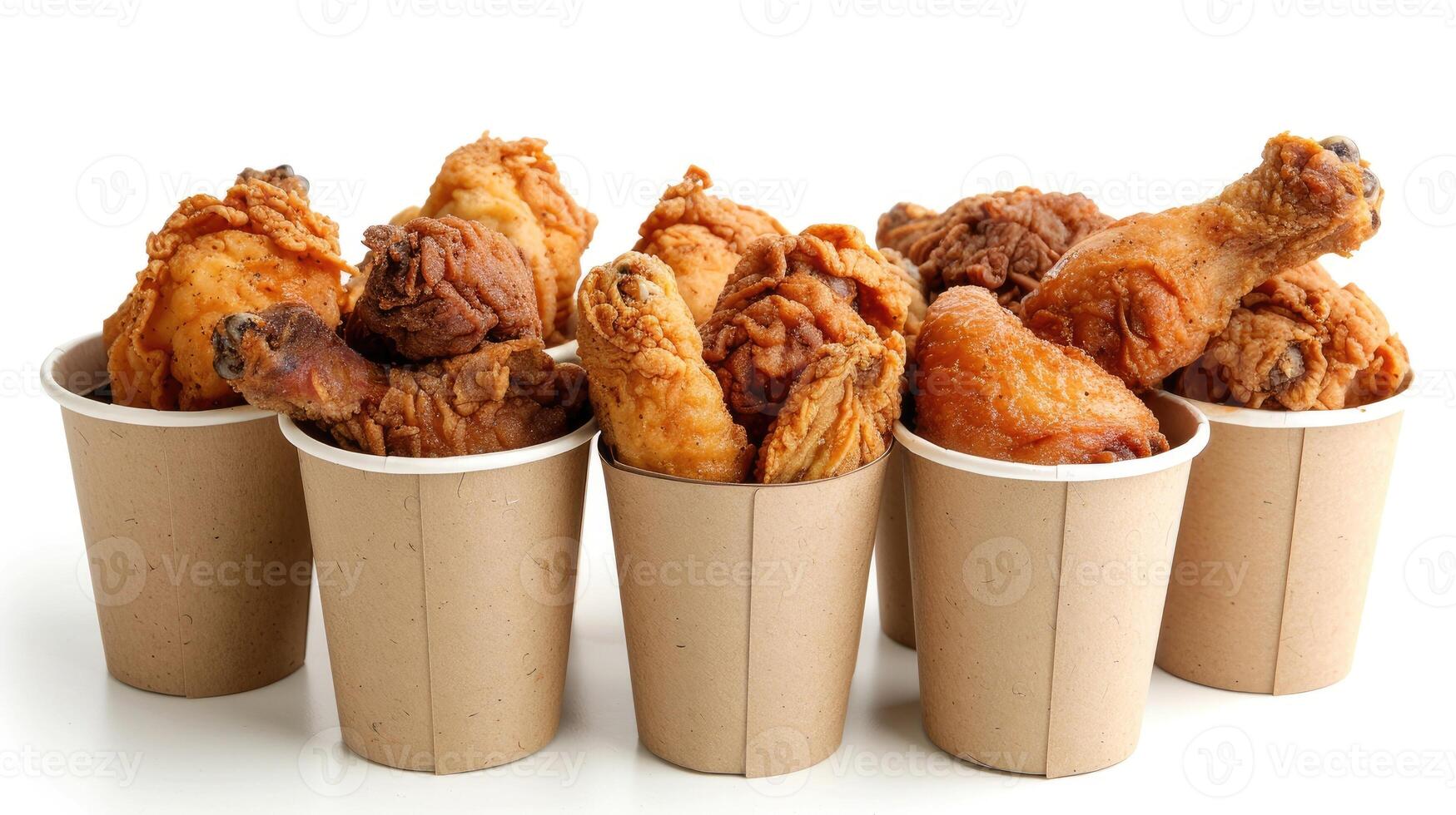 AI generated Collection of golden brown and crispy roasted Fried chicken served on a brown paper bucket isoalted on white background. photo
