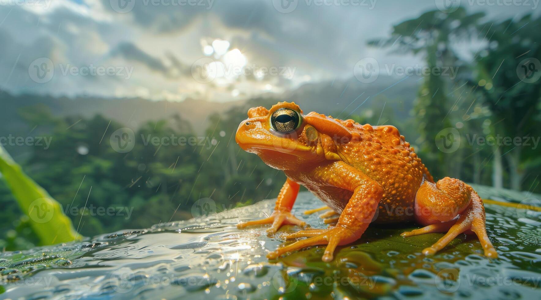 AI generated Frog at the nature pool in green tropical forest showing abundant nature photo